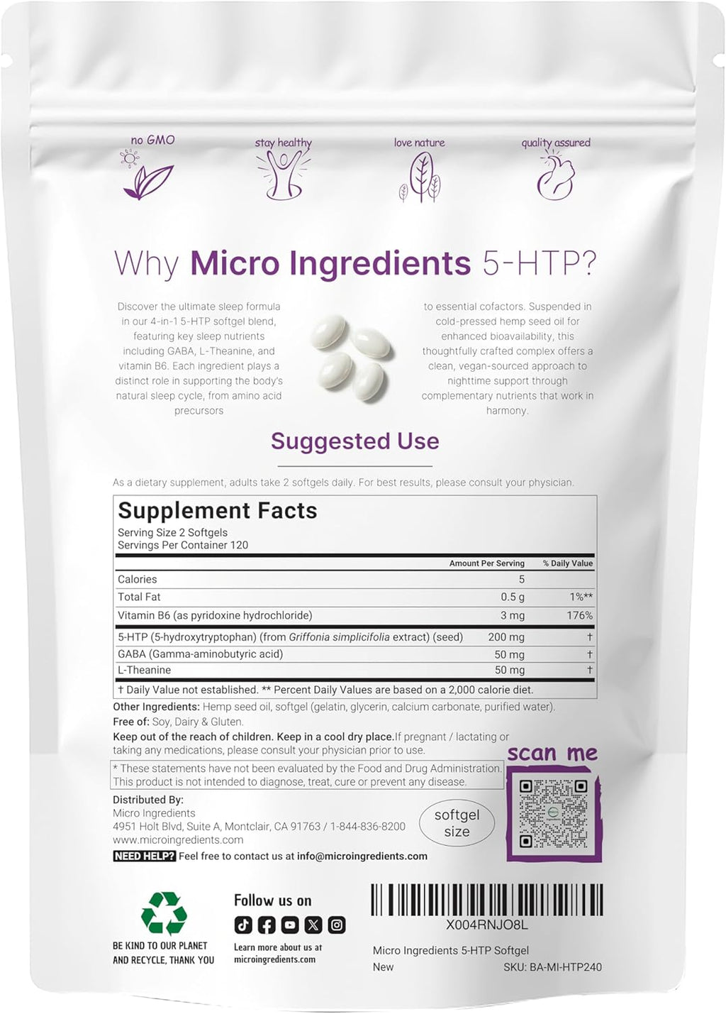 5-HTP 200Mg, 240 Softgels | Extra Strength 5-Hydroxytryptophan Complex with GABA, L-Theanine, Vitamin B6 | Highly Bioavailable with Hemp Seed Oil Carrier | Non-Gmo
