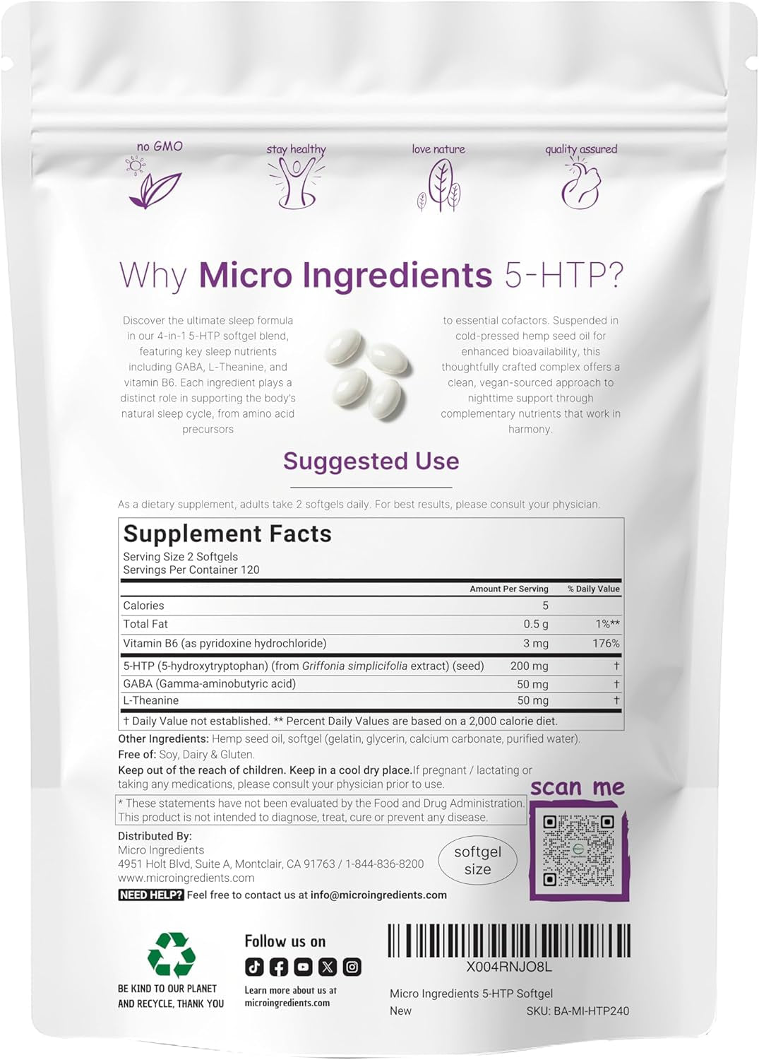 5-HTP 200Mg, 240 Softgels | Extra Strength 5-Hydroxytryptophan Complex with GABA, L-Theanine, Vitamin B6 | Highly Bioavailable with Hemp Seed Oil Carrier | Non-Gmo
