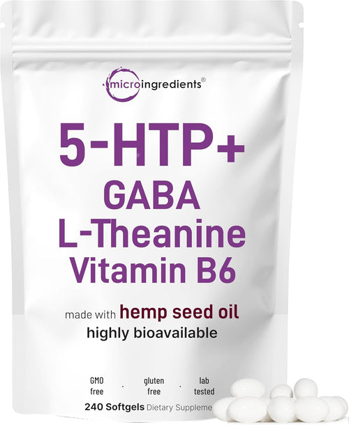 5-HTP 200Mg, 240 Softgels | Extra Strength 5-Hydroxytryptophan Complex with GABA, L-Theanine, Vitamin B6 | Highly Bioavailable with Hemp Seed Oil Carrier | Non-Gmo