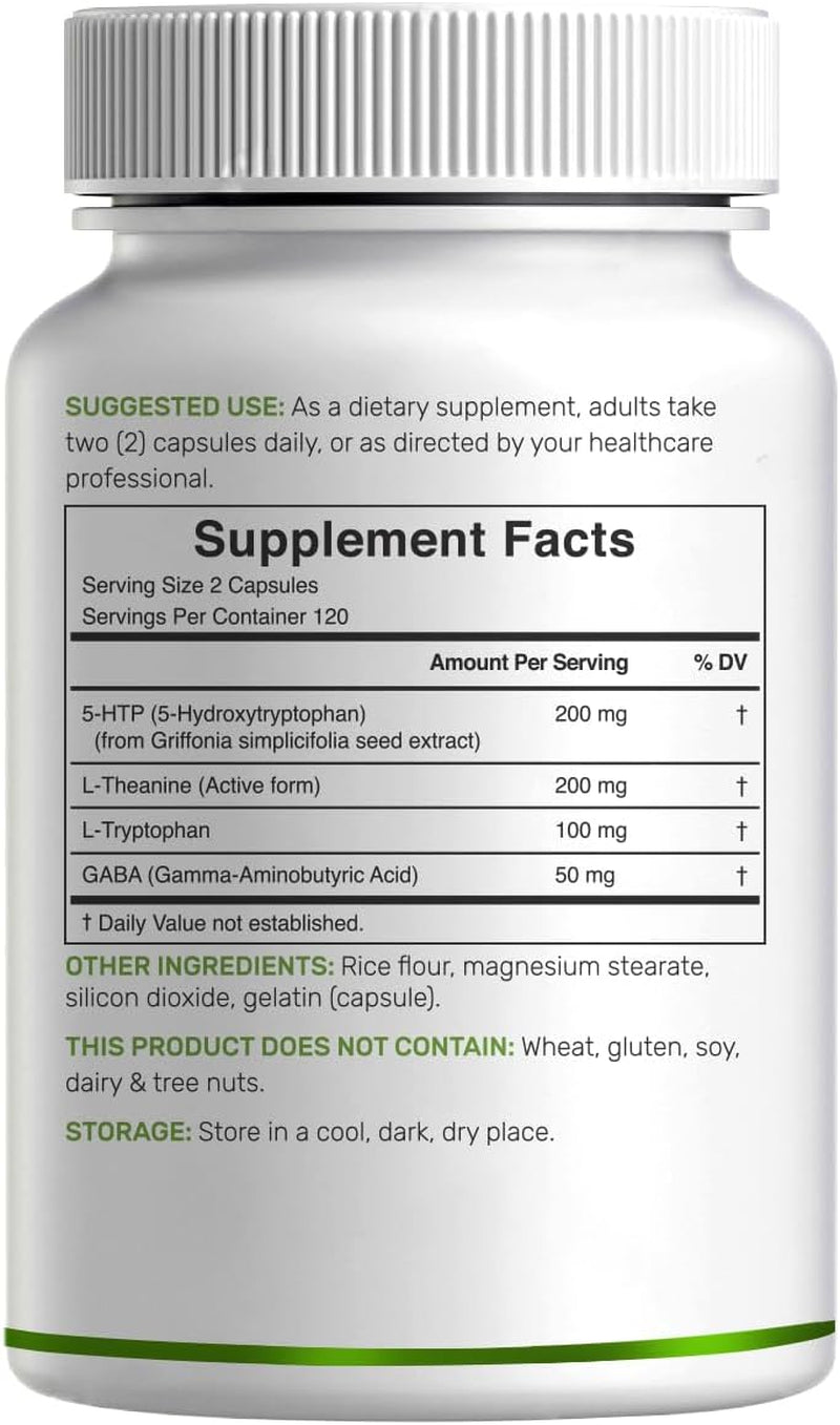 5-HTP 200Mg per Serving, 240 Capsules, 98% African Derived Griffonia Seed Extract | 4 in 1 Formula | plus Active L Theanine, L Tryptophan, & GABA | Relaxation Support Supplement