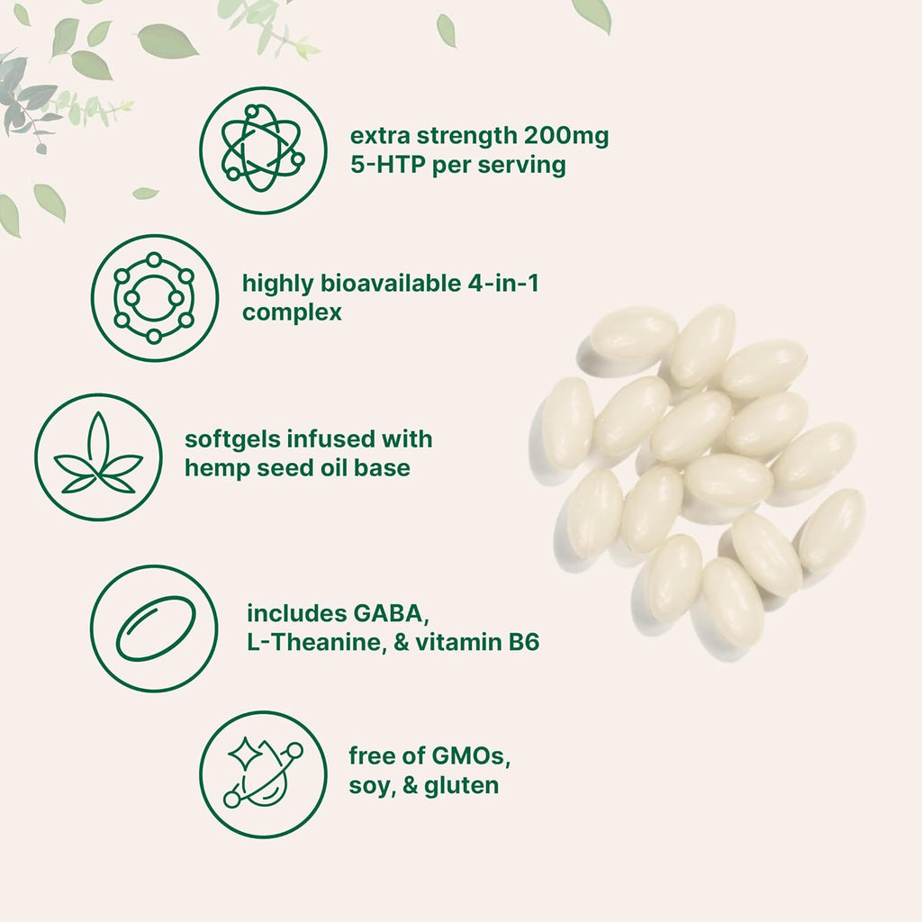 5-HTP 200Mg, 240 Softgels | Extra Strength 5-Hydroxytryptophan Complex with GABA, L-Theanine, Vitamin B6 | Highly Bioavailable with Hemp Seed Oil Carrier | Non-Gmo