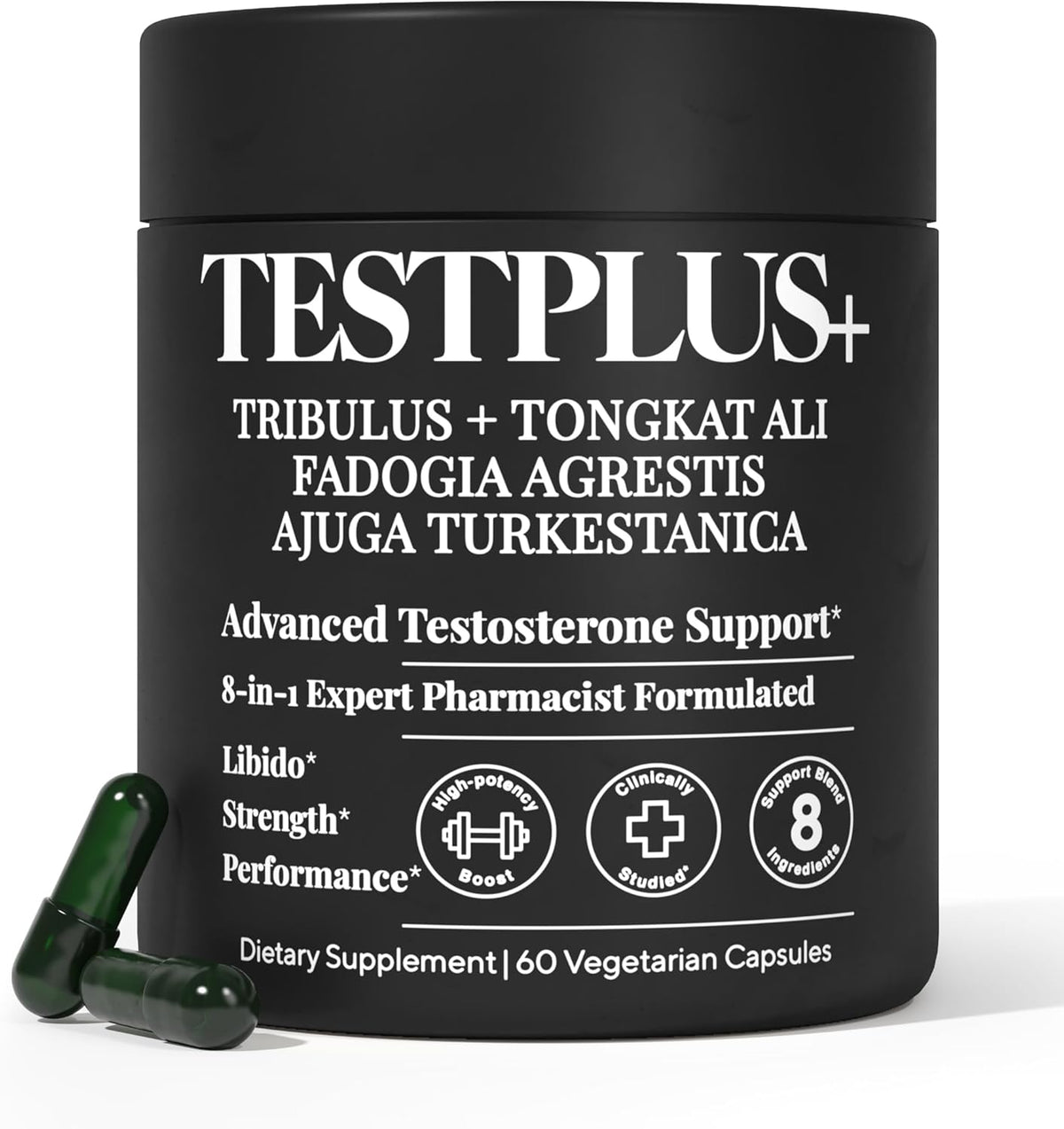TESTPLUS+ 1,450Mg 8-In-1 Testosterone Support for Men - High Strength Tongkat Ali, Fadogia Agrestis, Turkestanica & Tribulus - Natural Performance, Energy & Muscle Growth Formula (60 Capsules)
