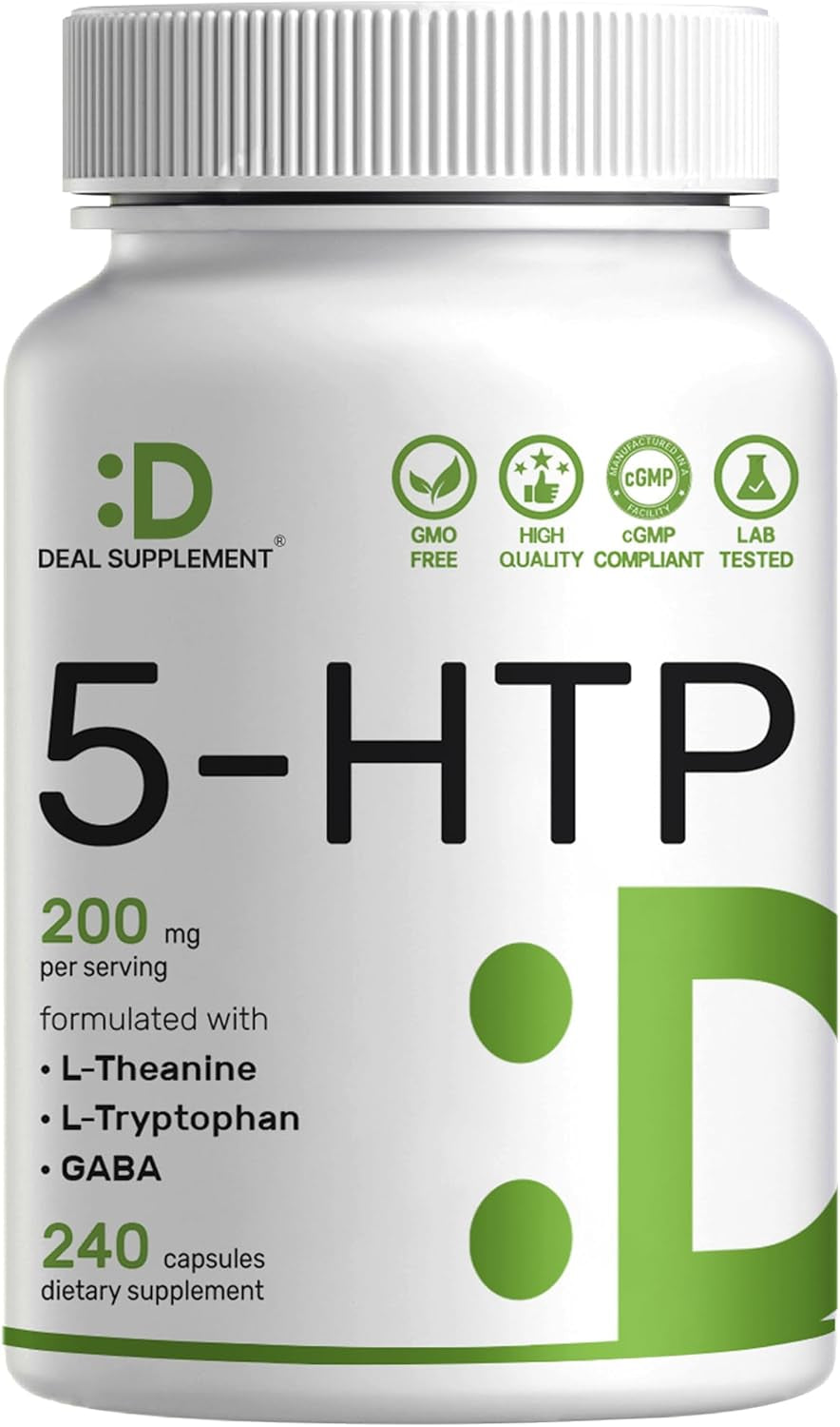 5-HTP 200Mg per Serving, 240 Capsules, 98% African Derived Griffonia Seed Extract | 4 in 1 Formula | plus Active L Theanine, L Tryptophan, & GABA | Relaxation Support Supplement