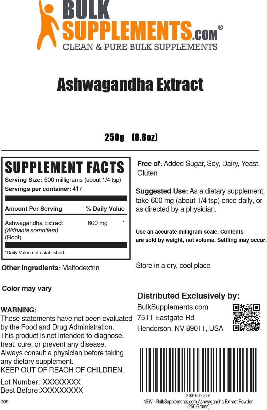 Ashwagandha Root Extract Powder - Ashwagandha Supplement, Herbal Supplement - Vegan & Gluten Free, 600Mg per Serving, 250G (8.8 Oz) (Pack of 1)