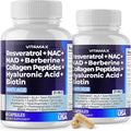 Resveratrol NAD+ Berberine Hyaluronic Acid - Biotin Grape & Blueberry + NAC - Collagen Peptides - Hair, Nail, Skin & Joint Supplement - 21-In-1 Women and Men - Made in USA - 120 Count