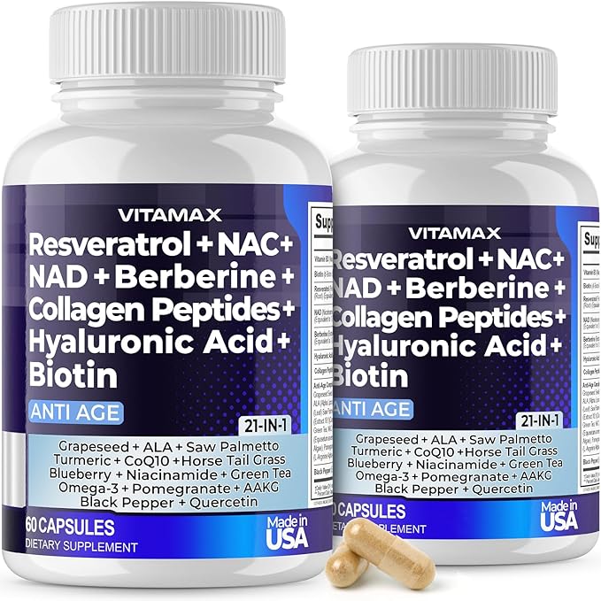 Resveratrol NAD+ Berberine Hyaluronic Acid - Biotin Grape & Blueberry + NAC - Collagen Peptides - Hair, Nail, Skin & Joint Supplement - 21-In-1 Women and Men - Made in USA - 120 Count