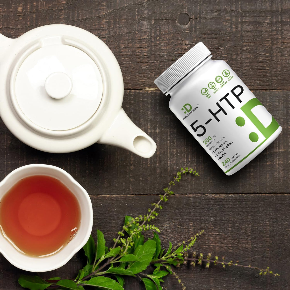 5-HTP 200Mg per Serving, 240 Capsules, 98% African Derived Griffonia Seed Extract | 4 in 1 Formula | plus Active L Theanine, L Tryptophan, & GABA | Relaxation Support Supplement