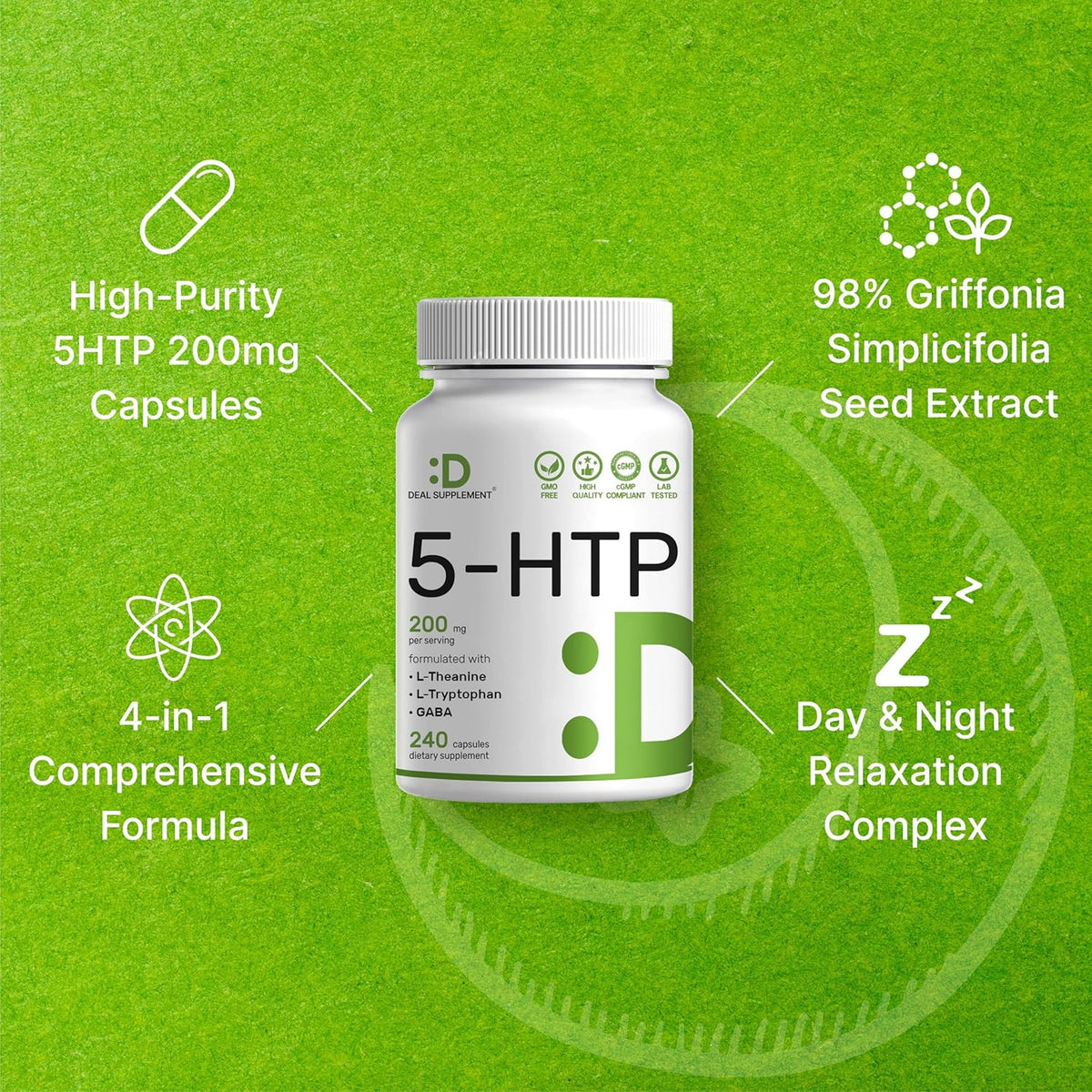 5-HTP 200Mg per Serving, 240 Capsules, 98% African Derived Griffonia Seed Extract | 4 in 1 Formula | plus Active L Theanine, L Tryptophan, & GABA | Relaxation Support Supplement