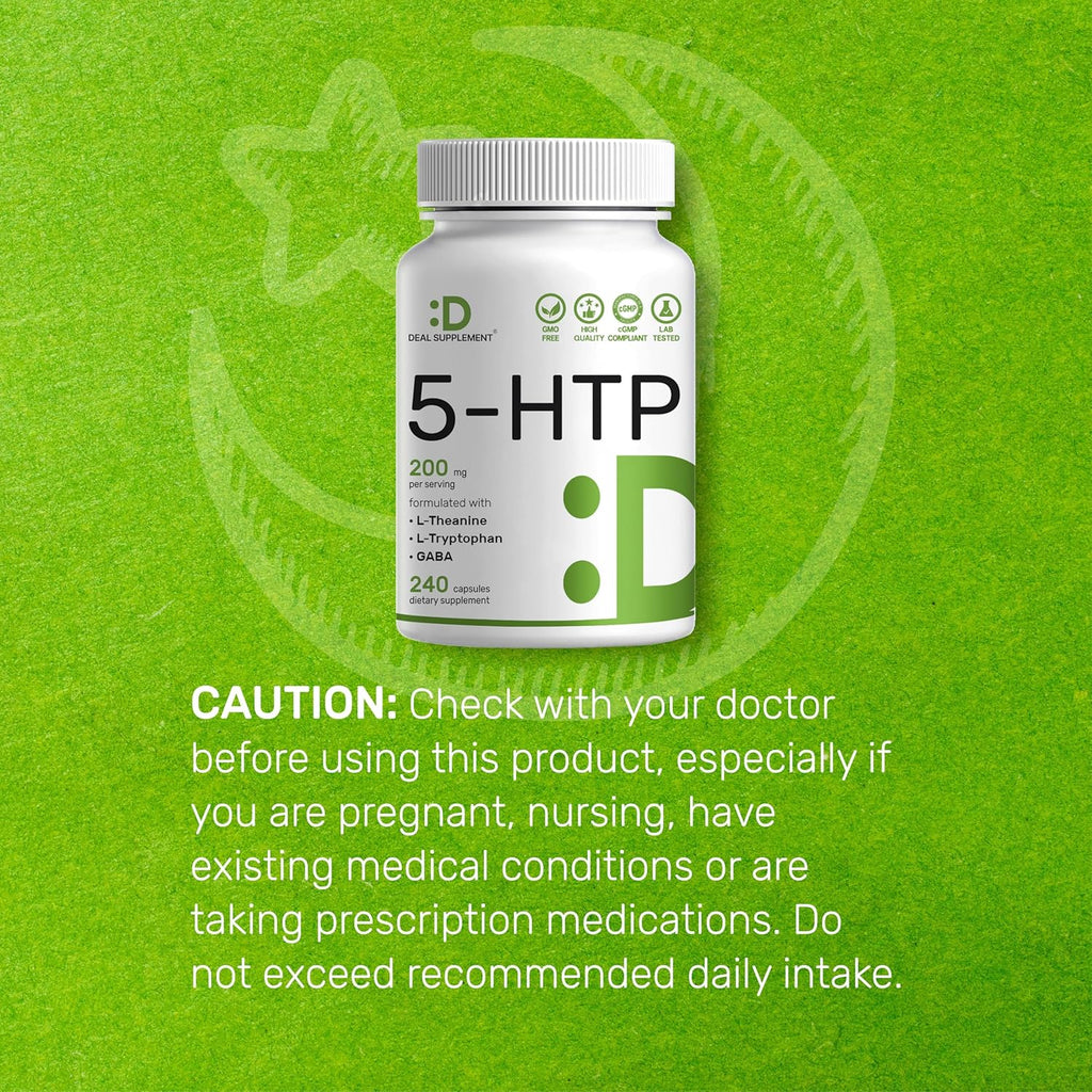 5-HTP 200Mg per Serving, 240 Capsules, 98% African Derived Griffonia Seed Extract | 4 in 1 Formula | plus Active L Theanine, L Tryptophan, & GABA | Relaxation Support Supplement