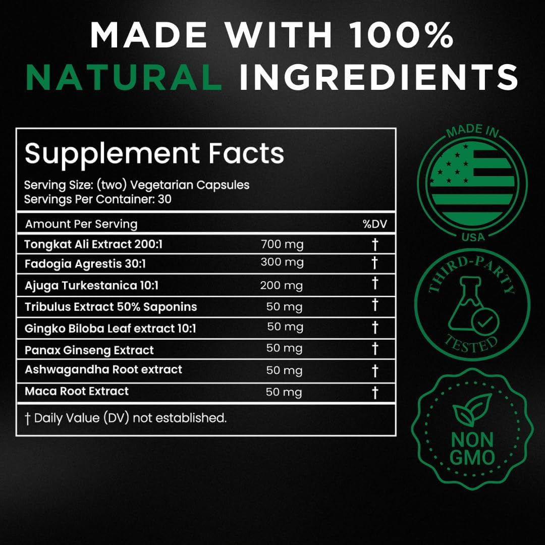 TESTPLUS+ 1,450Mg 8-In-1 Testosterone Support for Men - High Strength Tongkat Ali, Fadogia Agrestis, Turkestanica & Tribulus - Natural Performance, Energy & Muscle Growth Formula (60 Capsules)