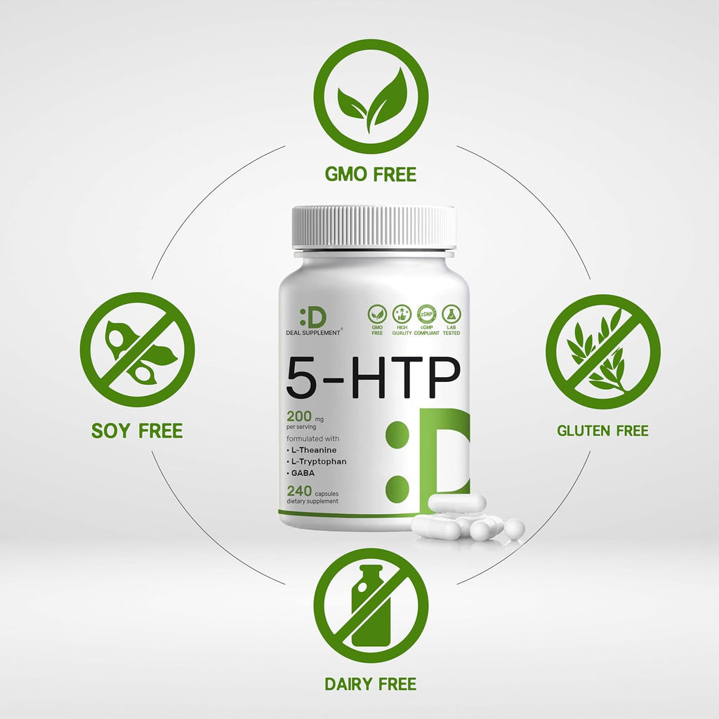 5-HTP 200Mg per Serving, 240 Capsules, 98% African Derived Griffonia Seed Extract | 4 in 1 Formula | plus Active L Theanine, L Tryptophan, & GABA | Relaxation Support Supplement