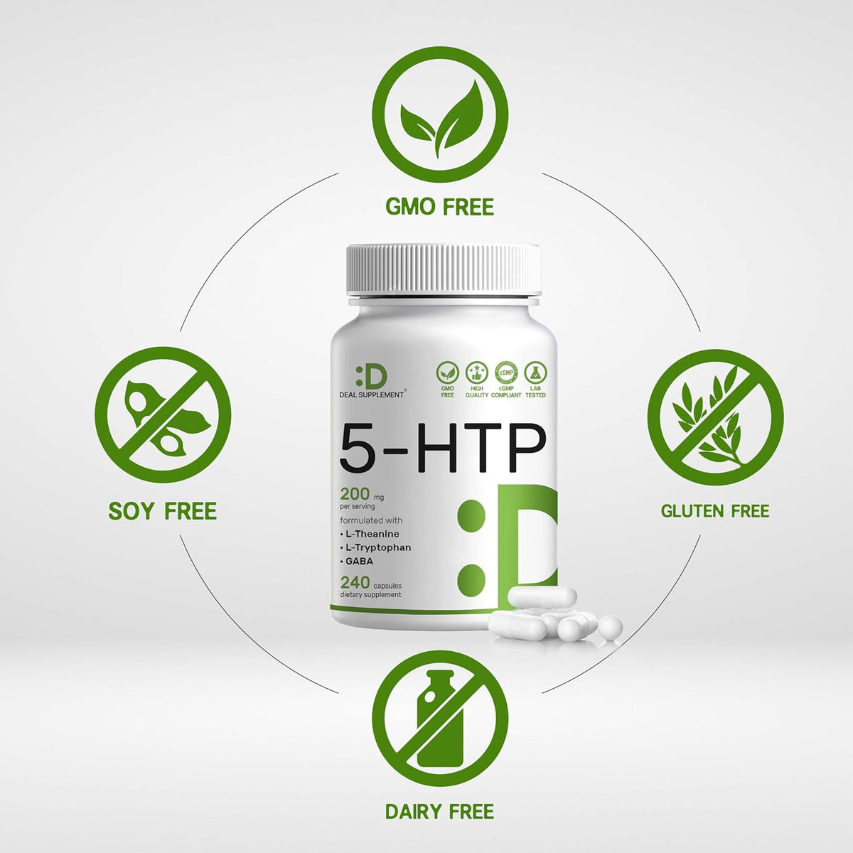 5-HTP 200Mg per Serving, 240 Capsules, 98% African Derived Griffonia Seed Extract | 4 in 1 Formula | plus Active L Theanine, L Tryptophan, & GABA | Relaxation Support Supplement